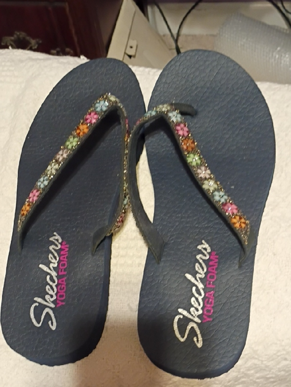 Skechers Navy Flip Flops with Multicolor Floral Straps and Yoga Foam Footbed